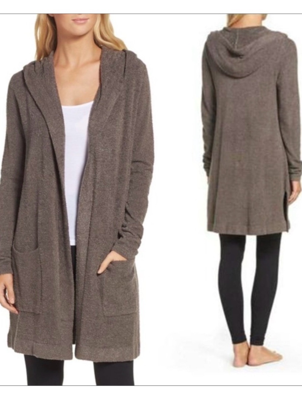 Barefoot Dreams CozyChic Lite Long Cardigan Hooded Open Front Taupe Brown L/XL